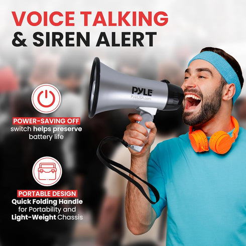 PYLE-PRO Portable Megaphone Speaker Siren Bullhorn - Compact and Battery Operated with 20 Watt Power, Microphone, 2 Modes, PA Sound and Foldable Handle for Cheerleading & Police Use-PMP23SL (Silver)