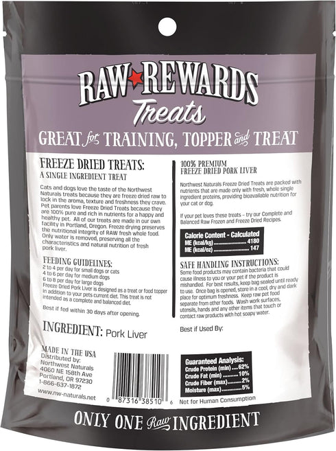Northwest Naturals Raw Rewards Freeze-Dried Pork Liver Treats for Dogs and Cats, Healthy, 3 Oz