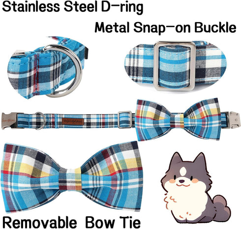 Unique Style Paws Plaid Dog Collar with Bow - Adjustable Soft and Comfy Bowtie Collars for Small Medium Large Dogs