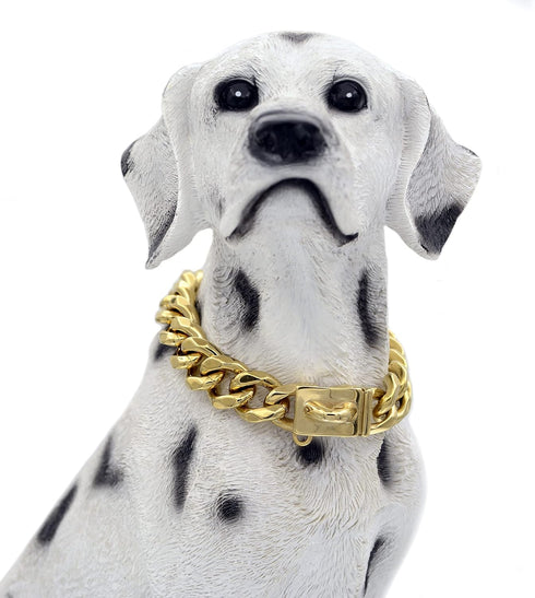 18K Gold Dog Chain Collar, Metal Chain with Secure Buckle, Cuban Link Heavy Duty Chew Proof for Dogs (22")