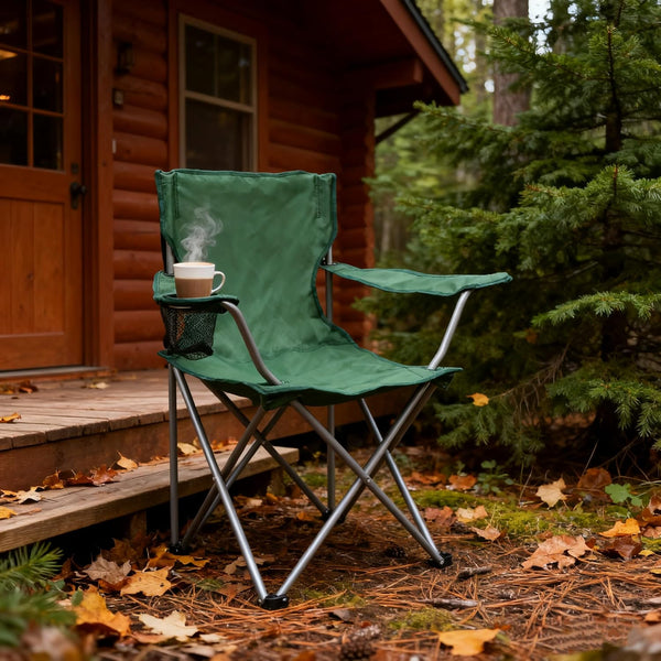 Generic Portable Quad-Folding Outdoor Camp Chair with Cup Holder, Army Green