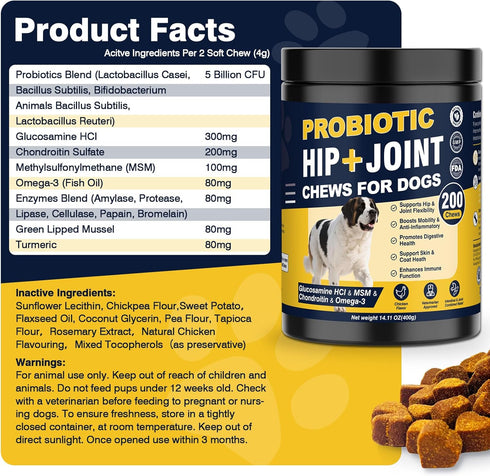 Hip and Joint Supplement for Dogs Dog Probiotics Glucosamine Chondroitin MSM Chew for Dog Arthritis Pain Relief Extend