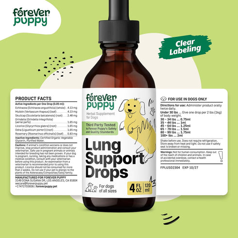 Lung Support Drops for Dogs, Vegan Respiratory Health Supplements with Mullein Leaf - 4 oz
