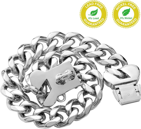 Silver Chain Dog Collar, 19mm Stainless Steel Cuban Link with Secure Snap Buckle for Small Medium Pitbull (19MM, 22")