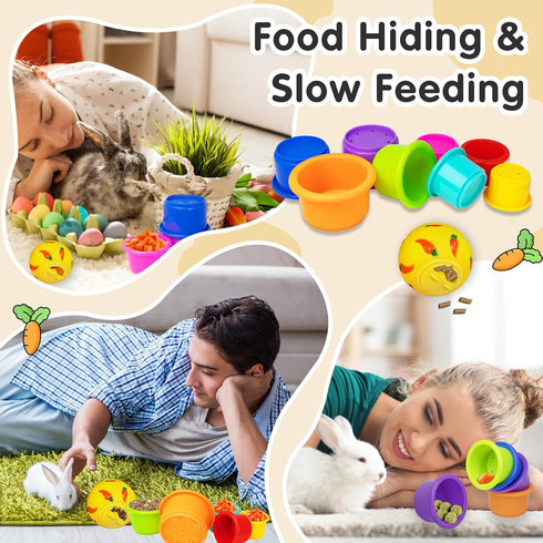 Iffitya 8 Pcs Colorful Stacking Cups and a Ball for Rabbits, Colorful Bunny Cups for Rabbits and Small Animals, Nesting