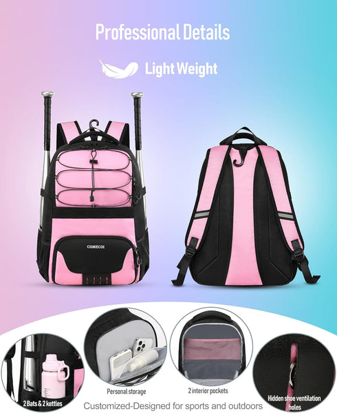 Softball Bag - Lightweight Baseball Backpack with Shoes Compartment, Fence Hook for TBall Bat & Equipment
