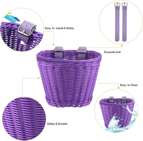 Kid's Bicycle Basket Streamers Set, Wicker Handlebar Basket with Colorful Streamers, Bell, Stickers