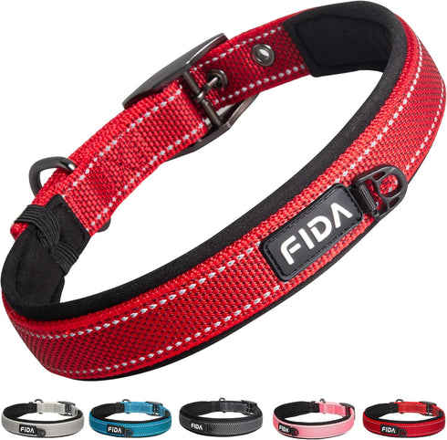 Fida Heavy Duty Dog Collar, Ultra Comfortable Soft Neoprene Padded Reflective Nylon Collar with Durable Metal Buckle