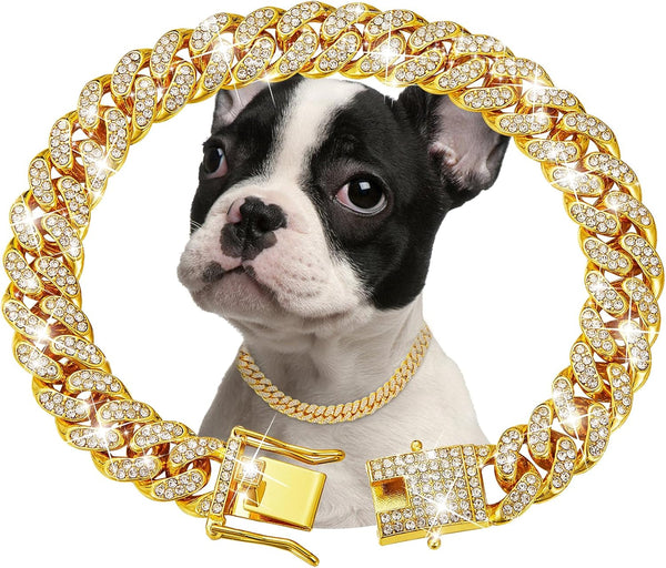 Gold Dog Chain Collar, Diamond Cuban Link Necklace 13mm Wide for Small Medium Large Dogs Cats, Pet Crystal Jewelry (20
