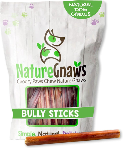 Nature Gnaws Thin Bully Sticks for Dogs 5-6" (8oz) - Mixed Thickness, Long Lasting for Small Dogs and Puppies