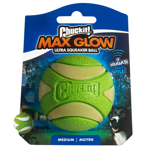 Chuckit! Max Glow Ultra Squeaker Ball, Medium (2.5 Inch Diameter), 1 Pack for Breeds 20-60 lbs