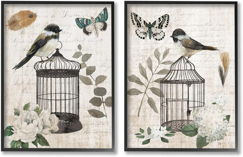 Stupell Industries Vintage Perched Bird Cage Butterfly Timeless Cursive 2pc Set Framed Wall Art