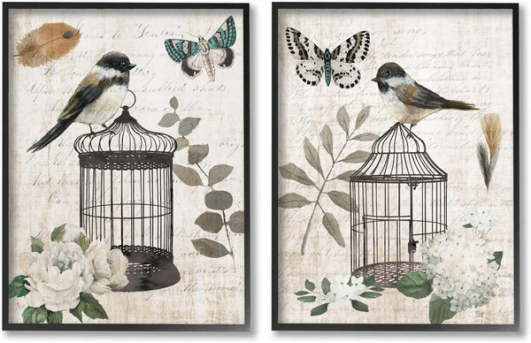 Stupell Industries Vintage Perched Bird Cage Butterfly Timeless Cursive 2pc Set Framed Wall Art