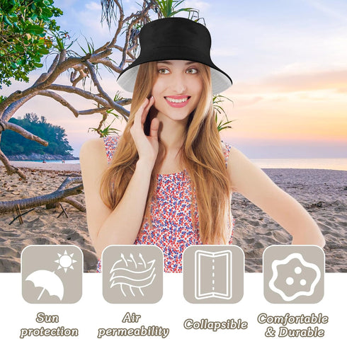 Sun Hat for Women, Reversible Cotton Bucket Hat for Summer Travel, Beach, Fishing