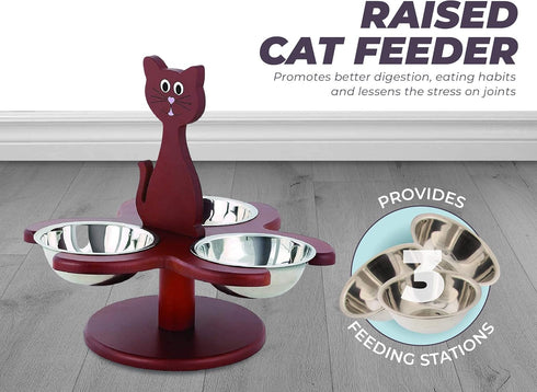 Etna Pet Store Elevated Cat Bowls - This Wooden, Raised Pet Feeder Promotes Better Digestion and is Easy on the Joints - Multiple Cat Feeder with 3 Removable Cat Bowls for Food and Water - Brown