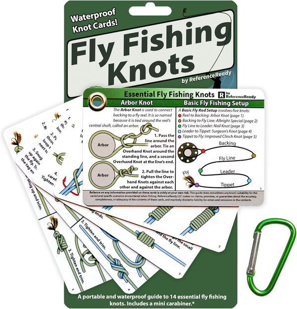 Fly Fishing Knot Cards - Waterproof Guide to 14 Essential Knots, Includes Mini Carabiner