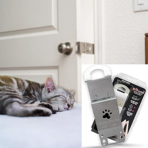 Steel Cat Door Strap and Latch - Sturdy Door Holder for Keeping Dogs and Kids Out, Silver Color