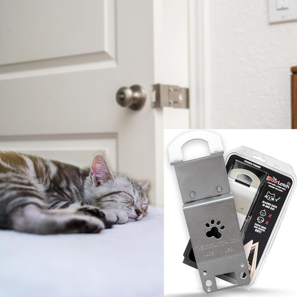 Steel Cat Door Strap and Latch - Sturdy Door Holder for Keeping Dogs and Kids Out, Silver Color