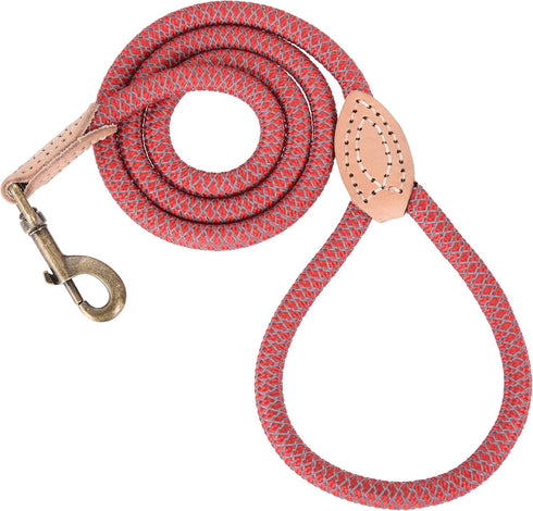 Mile High Life Chew Proof Dog Leash - Red Reflective Rope Leash with Leather Tip, 60 Inch for Strong Dogs