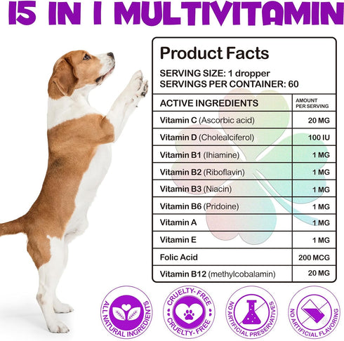 ZIXAOK 15-in-1 Immune Dog Multivitamin Drops for Dogs | Liquid Multivitamin with Glucosamine, MSM & Omega for Joint
