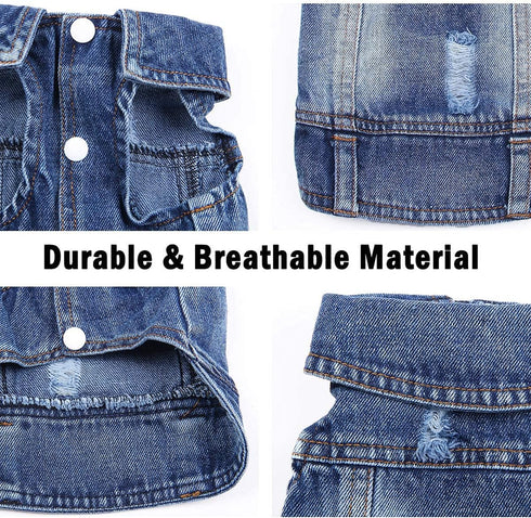 Jean Jacket Puppy Blue Denim Lapel Vest Coat - Dog T-Shirt Clothes for Small Medium Dogs Cats (XS)