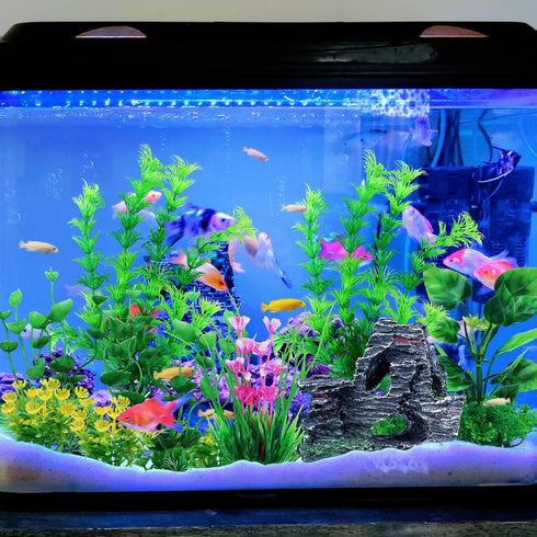Fish Tank Accessories - 9pcs Green Artificial Plants and Cave Rock Decor Set for Aquarium