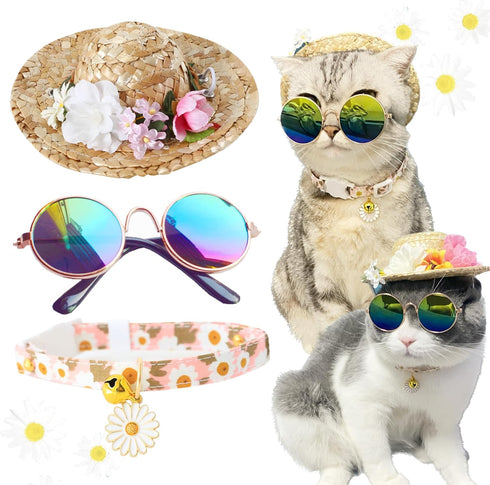 Hawaiian Costume for Pet, Summer Bandanna & Hat with Sunglasses for Pet