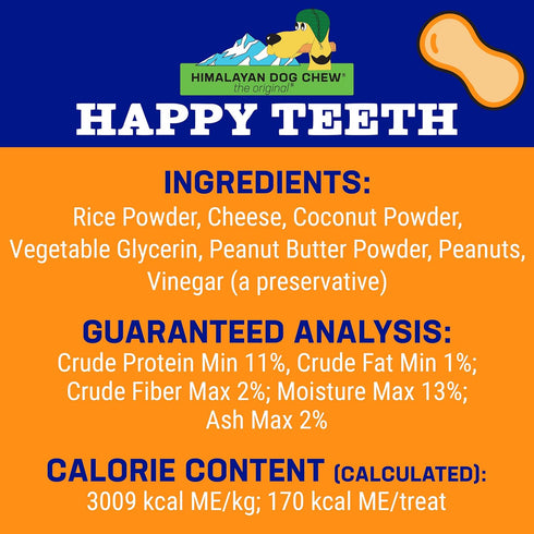 Happy Teeth Natural Cheese Dog Chews, Peanut Butter Flavor, Dental Chew, 2 Chews per Resealable Pouch