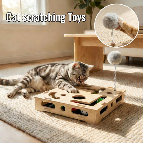 Pniotra Cat Nail File Enrichment Box with Bell Ball & Sandpaper Inside, Cat Scratch Puzzle Enrichment Box, Stress Free