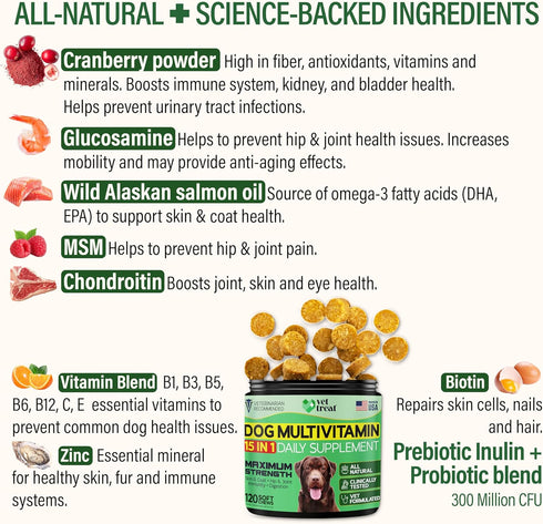 120 Immune VET TREAT Dog Multivitamin Chewable with Glucosamine & Salmon Oil Made USA Puppy & Senior Supplement Chews