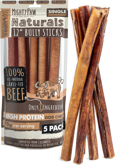 Mighty Paw Naturals Bully Sticks for Dogs - 12" Grass Fed Beef Chews, Lower Odor, 5 Pack for Large, Medium & Small