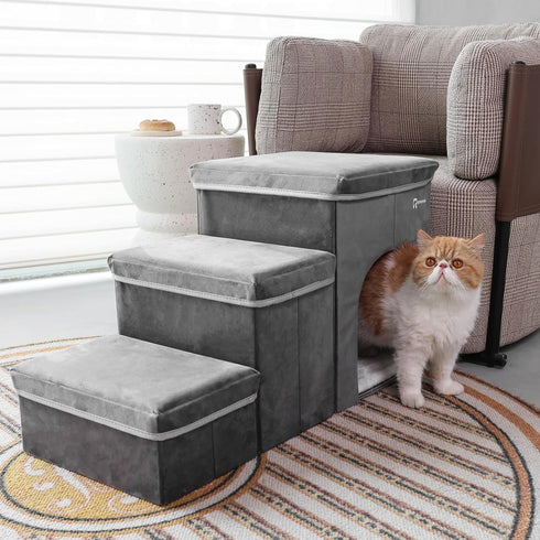 Foldable Pet Stairs for Beds & Sofas - Non-Slip Dog Steps with Storage for Small to Medium Dogs & Cats, 120 lbs Support