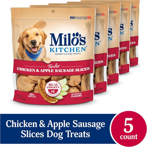 10 (Pack 5), Milo's Kitchen Homestyle Dog Treats, Chicken & Apple Sausage Slices, Ounce of High Protein, No Artificial