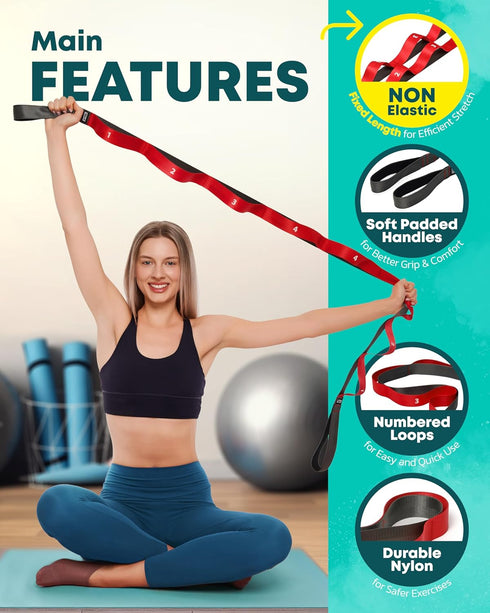 Stretching Strap with Loops - Non Elastic Stretch Band for Physical Therapy, Yoga, and Flexibility - Hamstring & Leg