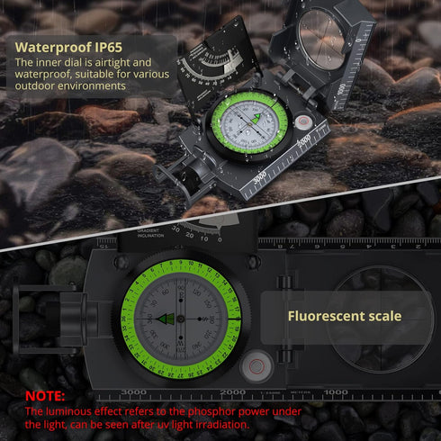 IP65 Anbte Compass Hiking Survival, Waterproof Metal Compass with Sighting Clinometer and Carry Bag, Multifunctional
