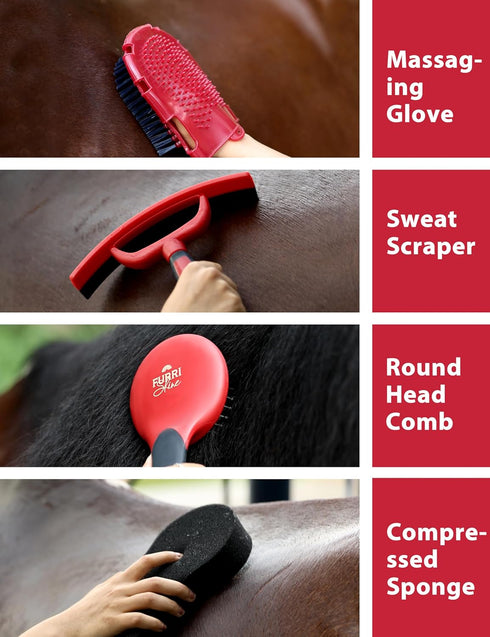 Furrishine 11-Piece Set, Professional Horse Grooming Kit with Waterproof Tote Bag, Non-Slip Silicone Grip Brush Curry