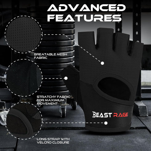BEAST RAGE Workout Gloves for Men & Women - Fingerless Gym Gloves with Palm Protection, Breathable & Lightweight