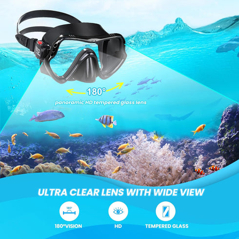 Professional Snorkel Diving Mask, Ultra Clear Lens with Wide View Tempered Glass Goggles, Anti-Leakage Scuba Mask