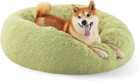 Bedsure Calming Dog Bed for Medium Dogs, Donut Washable Pet Bed, Anti-Slip Round Fluffy Faux Fur, Green, 30 inches.