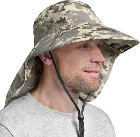SUN CUBE Wide Brim Sun Hat with Neck Flap, UPF50+ Hiking Safari Fishing Hat for Men Women