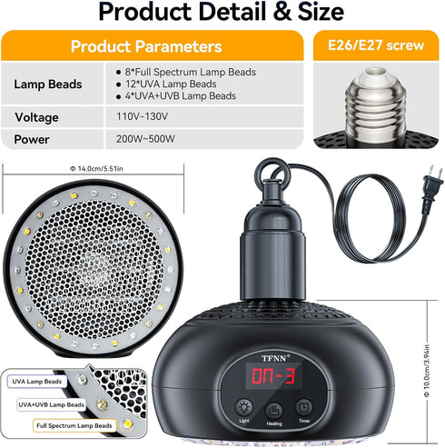 TFNN Lamps,200W-350W-500W 3-6-9-12H Chicken Coop Heater Reptile Heating Lamp Upgraded with UVA UVB Ligh Timer,Protable