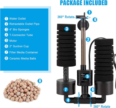 2 1 AQQA Aquarium Sponge Water Filter, Power Driven Double Biochemical Filter, Quiet Submersible Foam Filter with Extra