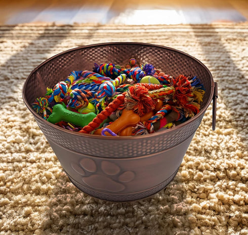 Metal Indestructible Dog Toy Bin - Farmhouse Organizer Storage Basket for Pet Toys, Blankets, Leashes, Lead-Free Copper