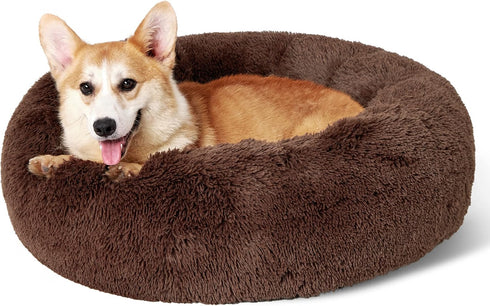 Bedsure Calming Dog Bed for Medium Dogs, Donut Washable Pet Bed, Anti-Slip Round Fluffy Faux Fur, Coffee