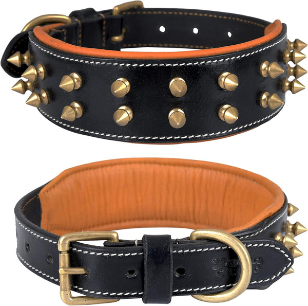 Genuine Leather Spike Dog Collar | Full Grain, Heavy Duty for Medium, Large, XL Breeds (1.75" Wide, Black)