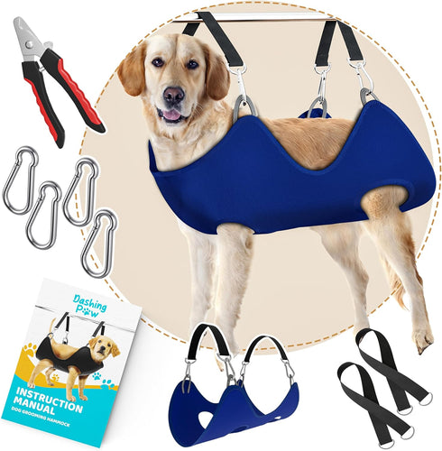 Dog Grooming Hammock with Durable Carabiner Clips & Straps, Soft Comforting Harness + Nail Trimmer for Large Dogs