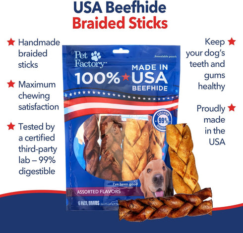 100% 6in 6 inches (Pack 6) Pet Factory USA Made Natural Beefhide Dog Chew Sticks - Braided Dog Rawhide Bones with Beef