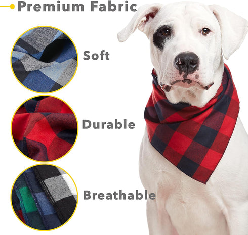 Dog Bandana 4 Pack, Premium Durable Soft Fabric, Buffalo Plaid Scarf for Small Dogs, Cats, Black, White, Red, Green,