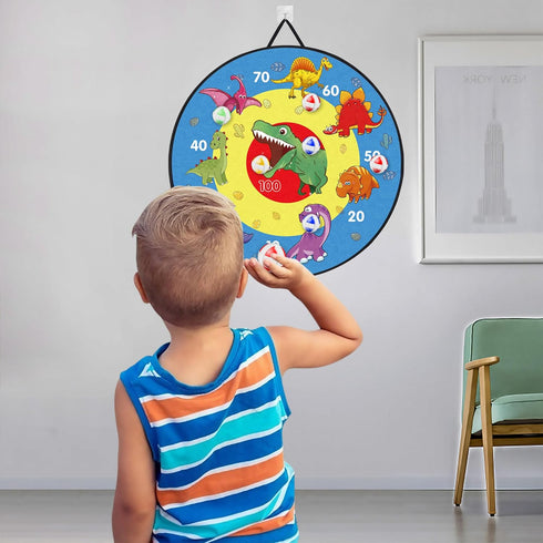 TOMYOU 26" Dart Board for Kids with 16 Sticky Balls, Double Sided Dinosaur Dart Board, Indoor Outdoor
