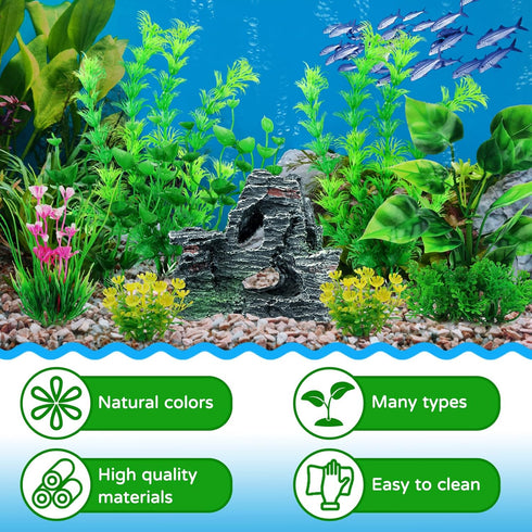 Fish Tank Accessories Artificial Plants, 9pcs Green Aquarium Decorations Plants and Cave Rock Decor Set, Aquarium Decor Plastic Plants by QUOZUO